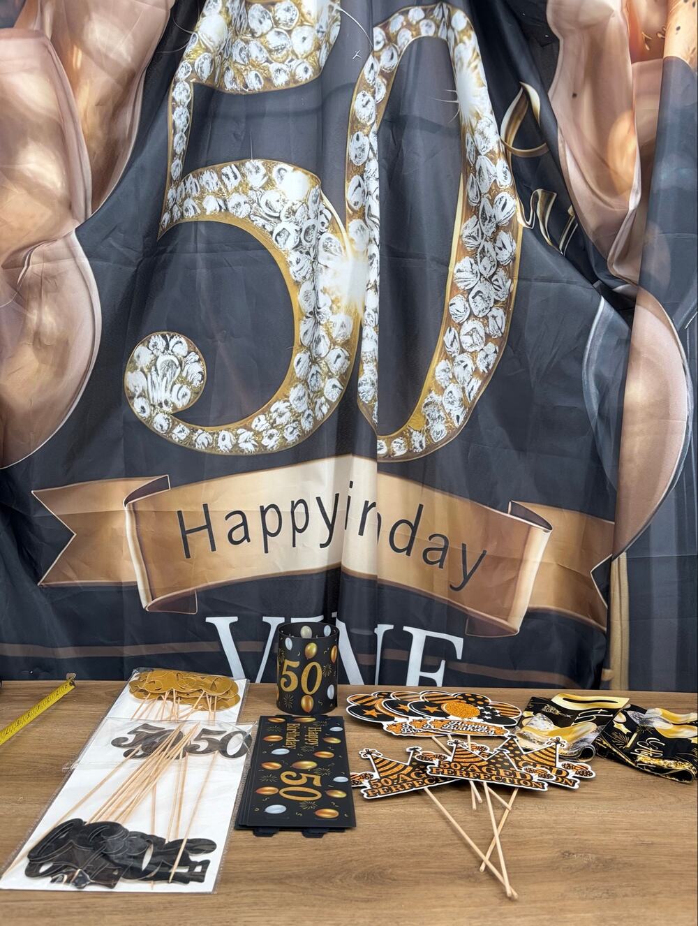 50th Birthday Party Decor Bundle - Black, Gold & Diamonds Theme